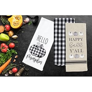 Serafina Home Farmhouse Kitchen Dish Towels: Autumn Black and White Gingham and Print Pumpkins with Fall Greetings (Design 3) Serafina Home Farmhouse Kitchen Dish Towels Autumn Black and White Gingham and Print Pumpkins with Fall Greetings Design 3