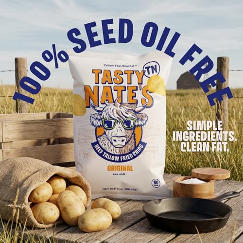 Image of Tasty Nate's Beef Tallow Potato Chips Original Sea Salt Kettle Chips Made with 100% Beef Tallow Seed Oil Free - Gluten Free Healthy Snacks Paleo Friendly 7oz Bag - Pack of 10