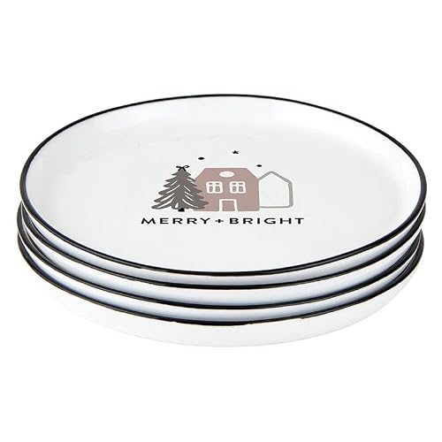 Santa Barbara Design Studio 4-Piece Christmas Appetizer Plate Set White Ceramic Small Plates, 5.25" Diameter, Merry + Bright