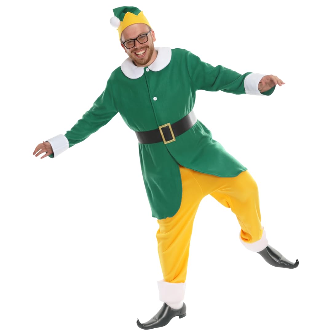 Adults Friendly Christmas Elf Costume - Small/Medium - Green & White Tunic, Yellow Trousers and Green & Yellow Hat - Adults Festive Xmas Movie Fancy Dress Costume