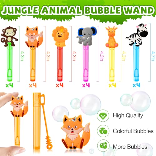 Winrayk Safari Party Favors, 24Pcs Jungle Animals Mini Bubble Wands for Kids Bubbles Bulk with Detachable Topper (6 Styles & Colors), Birthday Goodie Bag Stuffer Classroom Prizes Wild One Party Favors