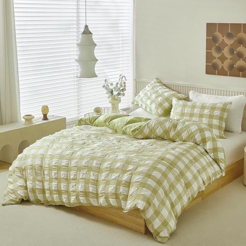 Boqingzhu Kühlende Seersucker Bettwäsche Kariert 135x200cm Grün Weiß Landhausstil Muster Sommer Wendebettwäsche Set Microfaser Bettbezug und Kissenbezug 80x80cm mit Reißverschluss