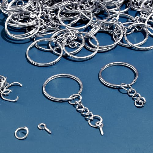 AiQInu 100 Pièces 25mm Anneaux Porte Clé avec Chaîne et Boulon à œil, Porte Clé avec Split Porte Clef, Porte Clef pour Bricolage, Loisirs - Argent – vue 6