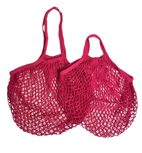 Modo Reusable (2 Pack) String Cotton Net Shopping Bags 1 Short & 1 Long Handle Bag Multipurpose Toys Storage (Bright Pink)