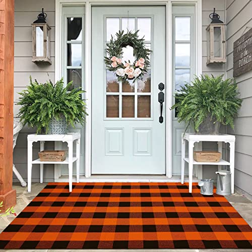 IOHOUZE Fall Buffalo Plaid Check Rug Outdoor Doormat 4x6 Ft Washable Woven Outdoor Indoor Welcome Mats for Front Door/Farmhouse/Entryway/Home Entrance Black and Orange Outdoor Rug