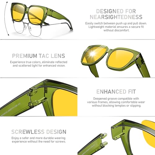 Image of HAOLOTA Night Vision Driving Glasses Fit Over Glasses | Anti Glare Night Glasses, Over Glasses Style, Tac Lens Nano Coating, Trendy Square, Lightweight and Flexible, Driving