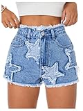 MakeMeChic Women's Denim Shorts Star Distressed Trim Straight Leg High Waist Jean Shorts Medium Wash 30