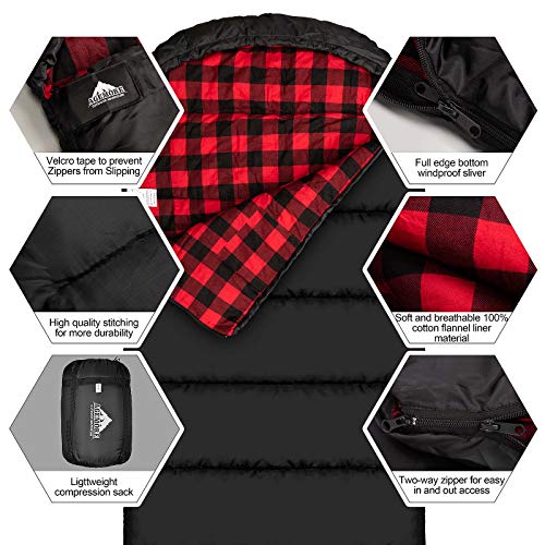 Cotton Flannel Sleeping Bag For Adults, Lightweight And Waterproof Sleeping Bag For Warm Weather With 100% Cotton Lining, Great For Camping Backpacking, Hiking, Travel, Indoor And Outdoor (Black/Red) #TOP3