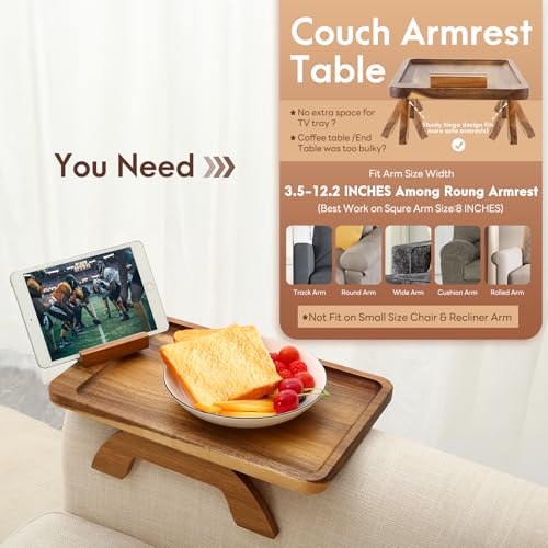 image for SINWANT Couch Arm Table, Acacia Wood Sofa Arm Rest Tables Couch Armres