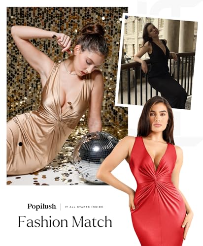 Image of Popilush Shapewear Dress Ruched Bodycon - Deep V Neck Maxi Formal Dresses Built in Shapewear Sleeveless Long Dress