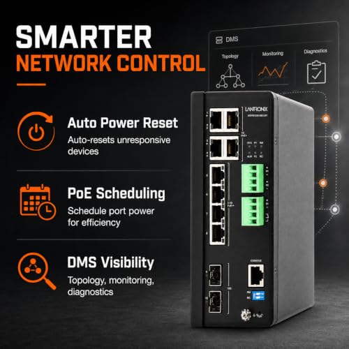 Image of Lantronix Switch - SISPM1242-582-LRT - Wired - 10Gbps - Networking / Ports Qty: 11 - Gigabit Ethernet - 52 - 57VDC - (4) 10 /100 /1000 Mbps, (4) 100 /1G /2.5G RJ-45 ports, (2) 1G /10G SFP slots, (1) Con...