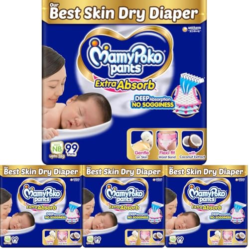 Image of MamyPoko Pants Extra Absorb Baby Diapers, New Born /X-Small | 0-5 kg | 99 Count |Deep Sleep Diapers| Soft Gentle fit |Deep Absorbent Crisscross | Skin Friendly with Coconut Oil | (Pack of 4)