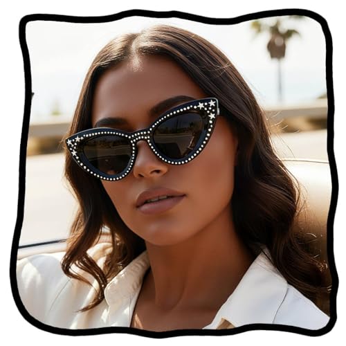 Woeoe Rhinestone Cat Eye Sun Glasses Women Black Oversized Diamond Sunglasses Vintage Men Bling Party Sunglasses Eyewear