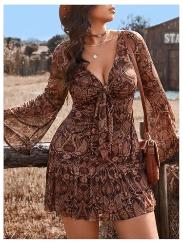 SHENHE Women's Plus Size Bell Sleeve Boho Paisley Dress V Neck Ruffle Hem Flowy Western Dress2