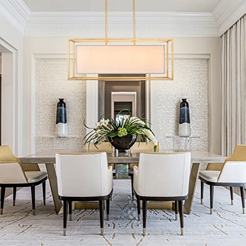 Vezzio Gold Dining Room Chandelier Modern Rectangle Fabric Chandelier Gold Dining Room Over Table Chandelier 6 Lights Gold Rectangular Dining Room Pendant Light for Kitchen Island