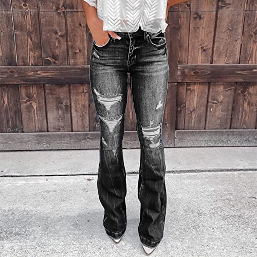 Women's Classic Skinny Jeans Ripped Bell Bottom High Waisted Flared Jean Pants Retro Distressed Wide Leg Denim Pants2