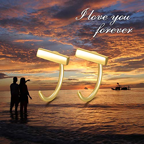 14K Gold Bar Half Huggie Hoop Earrings For Women, Mini Stick T Bar Piercing Hoop Cuff Studs Earrings Hypoallergenic Jewelry For Girls Teens #TOP5