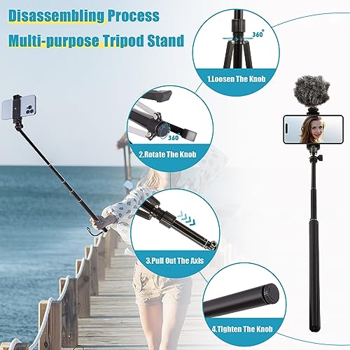 Tripé para celular, tripé de 160 cm compatível com iPhone/câmera/GoPro/Webcam, tripé leve para viage