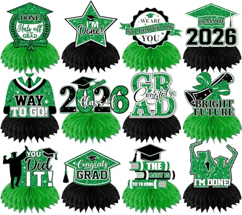 Adornos de mesa y decoraciones para fiestas de graduación con base de panal negro y verde