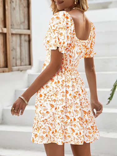 Image of Womens Babydoll Mini Dress Casual Square Neck Short Sleeve Summer Dresses | Empire Waist, Smocked, Flowy, Short Beach Dress, Vacation, Floral, Boho