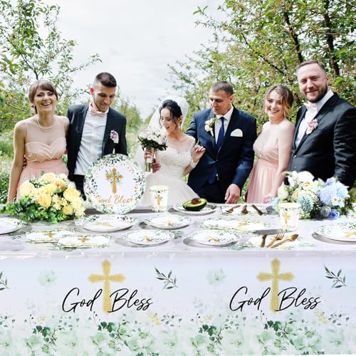 Image of Ganeen 3 Pcs Green God Bless Baptism Tablecloth Disposable Plastic Table Covers First Holy Communion Waterproof Tablecloths for Christening Celebration Baby Shower Religious Decor, 54 x 108 Inch