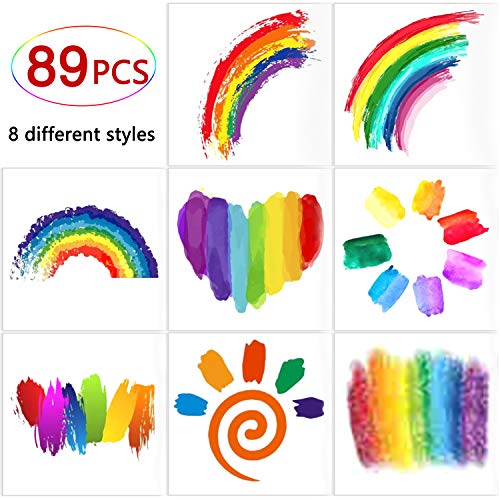 89 Pieces (2 large sheets, 8 different styles) Rainbow Temporary Tattoos, Waterproof Rainbow Tattoo Stickers for Pride Parades and Celebrations