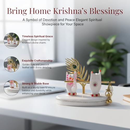 Image of HindCraft Krishna Hand Idol with Flute & Peacock Feather | Marble Finish Spiritual Showpiece for Home Decor, Temple & Gift
