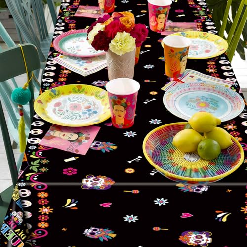Image of Gistome 3-Piece 54 x 108 Inch Day of the Dead Plastic Tablecloth - Colorful Sugar Skull Disposable Table Cover for Dia de Los Muertos, Mexican Fiesta, and Halloween Party Decorations