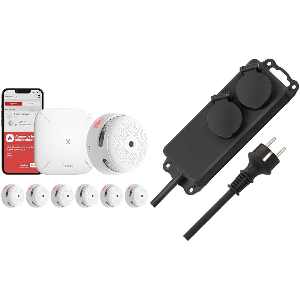 Detector de Humo X-Sense XS01-M ProConnected con estación Base SBS50, Certificado TÜV y Distribuidor de Enchufe Brennenstuhl IP44 de 2 vías