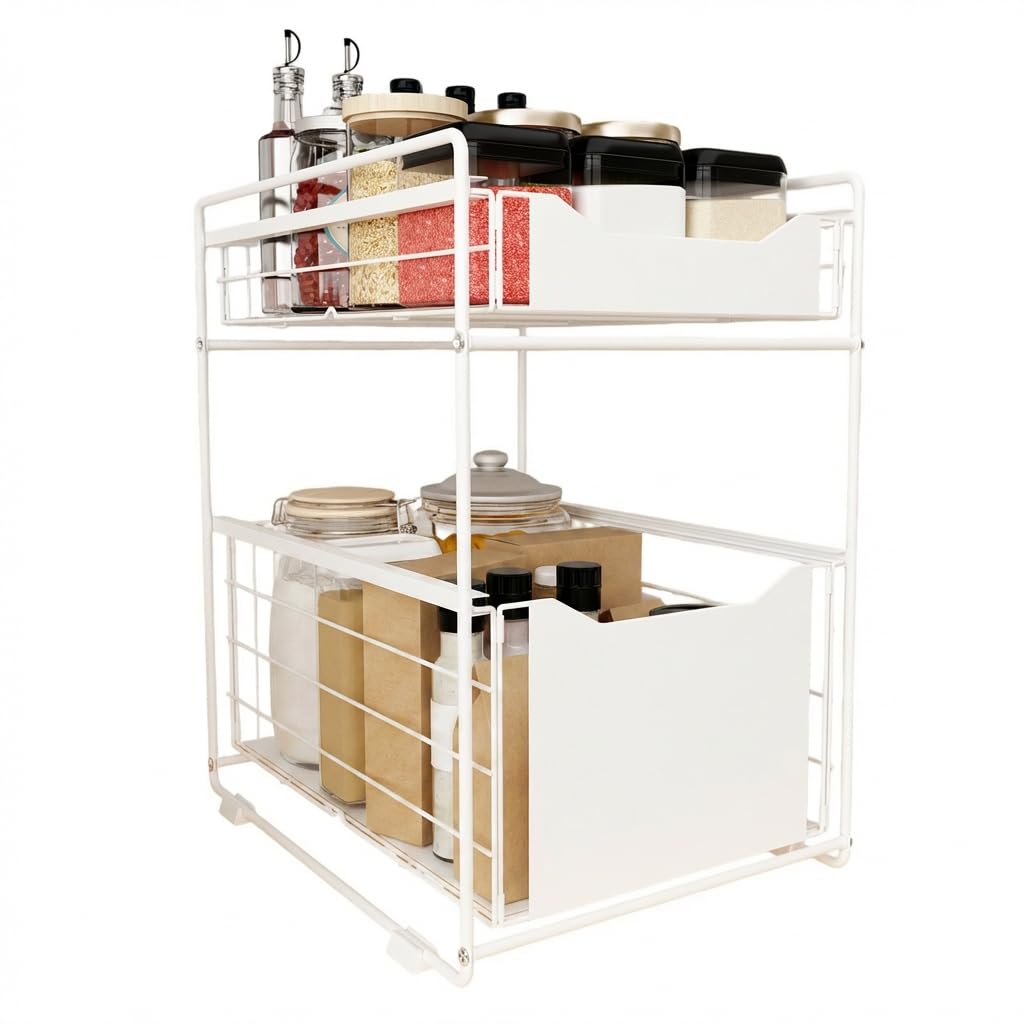 DAWNYIELD Under Sink Storage, 2 Tier Pull Out Cabinet Organiser Sliding Basket, Cupboard Organiser with Storage Drawers, Metal Kitchen Organisation Shelf, Spice Rack for Kitchen Bathroom Pantry, White