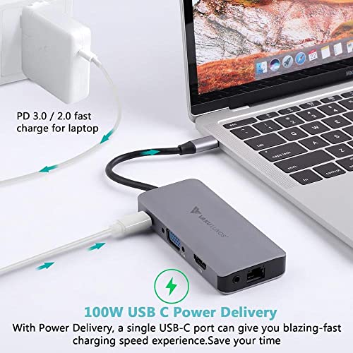Image of Vaku Luxos USB Hub Type C HYPERION 9IN1 multiport 3.0 High-Speed Adapter connector (5GBPS) data transfer Converter Extension with HDMI, PD Port, VGA, RJ45 LAN, 3.5mm Audio, SD /TF Card Reader docking station Compatible with Macbook Air Pro (M1, M2 etc), iPad Pro Air, Laptop, and Other Type C Mobile & Devices