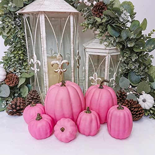 Image of 7 Pcs Assorted Sizes Hot Pink Artificial Pumpkins Fall Decorative Pumpkins Deep Pink Foam Pumpkins for Gifts Fall Halloween Thanksgiving Wedding Baby Shower Farmhouse Table Centerpiece Mantel Decor