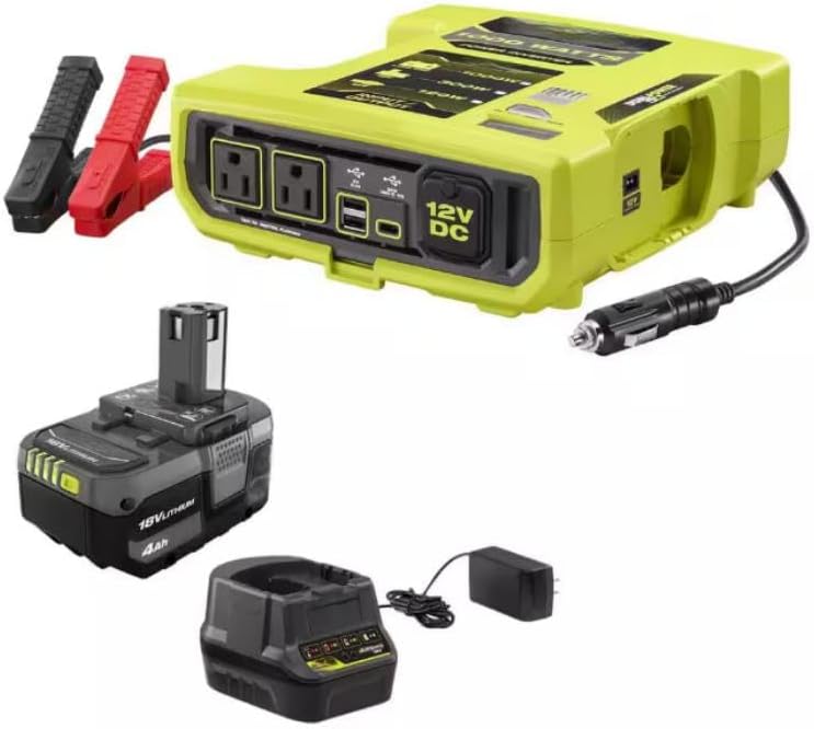 RYi1030A-BK Fits for Ryobi 18-Volt 1000-Watt Maximum 12-Volt Automotive Power Inverter with 4.0 Ah Battery and Charger
