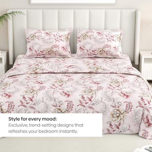 Image of Rivermoor 144 TC Cotton Bedsheet for Double Bed | Queen Size Bed Sheet with 2 Pillow Covers | Blush Pink Botanical Floral | 90 x 100 Inches