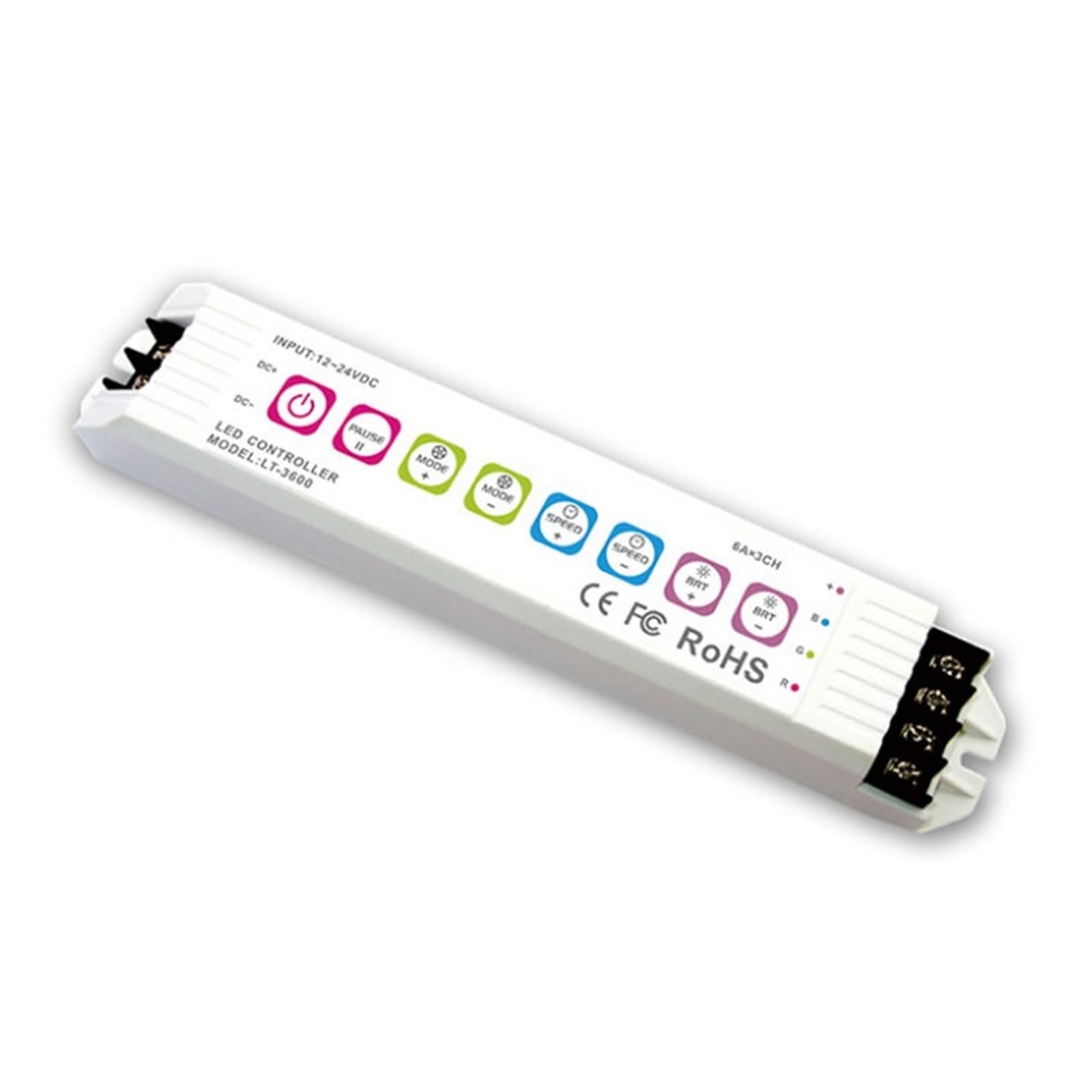 Controlador RGB LT-3600RF inalámbrico RF 2.4G y regulador de tiras LED de 3 canales 12V-24V