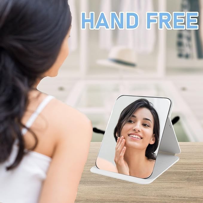 Image of Folding Portable Makeup Mirror with Adjustable Stand | HD Frameless Beveled Design | Travel-Friendly PU Leather Vanity Mirror for Desk, Dresser & Bathroom,Rectangular (White Round Edge Mirror)