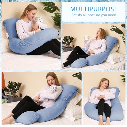Image of Chilling Home Pregnancy Pillow, U Shaped Pregnancy Pillows for Sleeping Full Body Pillow Maternity Pillow for Pregnant Women 58 inch, Pregnant Women Must Have with Removable Cover, Blue-Jersey