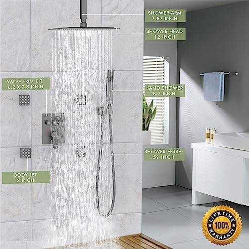 Shower Jets Body Sprays System Bostingner Push Button Shower Jets System 12\" Rain Shower with 4PCS Body Jets and Handheld Ceiling Mount Rough-in Valve Body