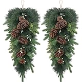 Yunlly 2 Pcs Artificial Christmas Teardrop Swag 26' Artificial Pine Needle Branches Christmas Greenery Teardrop Wreath Faux Winter Wreath with Conifer Cones for Xmas Door Mantle Decor (Pine Needles)