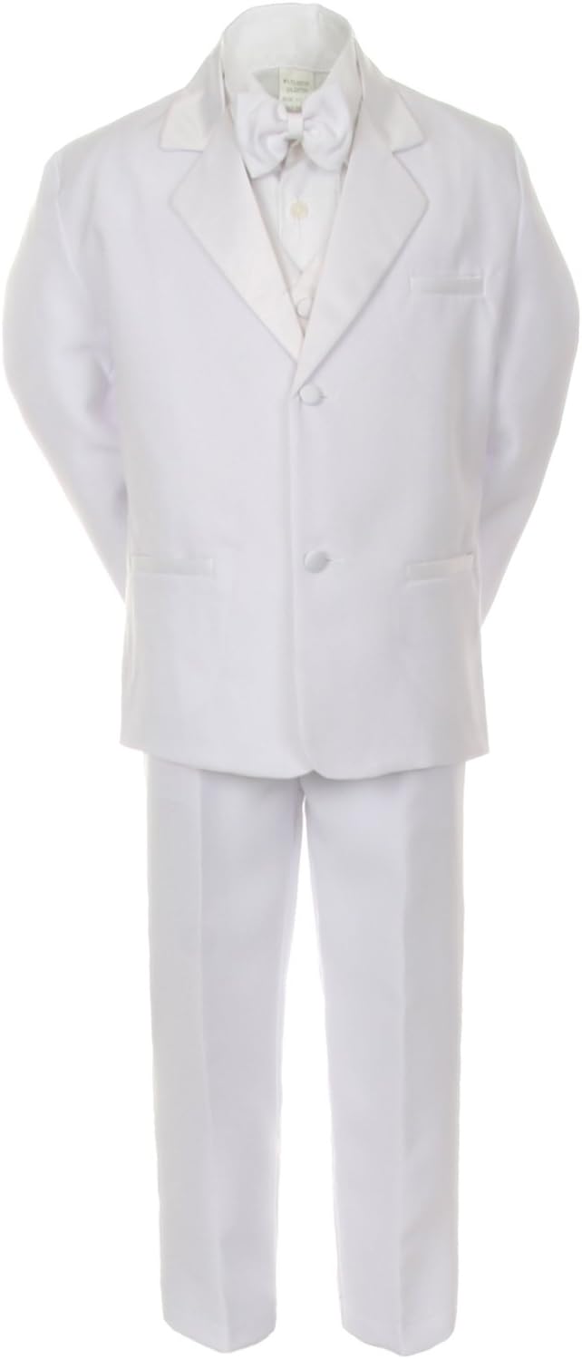 7pcs Boy White Suits Tuxedo with Satin Royal Blue Bow Tie Vest Set (S-20)
