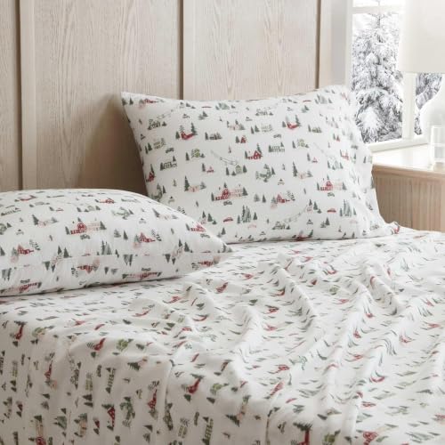 Image of Martha Stewart - Flannel Sheets Queen Size, Anti-Pilling & Wrinkle Resistant Cotton, Touchably Soft for All-Season Comfort - Bed Sheets with Matching Pillowcases & Fitted Sheet (Ski Village Green)