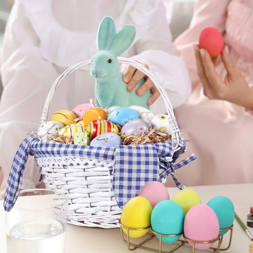 Image of Hushee Easter Willow Gift Basket 11 inchx7 inch Easter Wicker Bunny Baskets with Folding Handle Plaid Liners for Kids Toys Eggs Hunt Wood Bunny Bucket Decorations(Blue and White Plaid)
