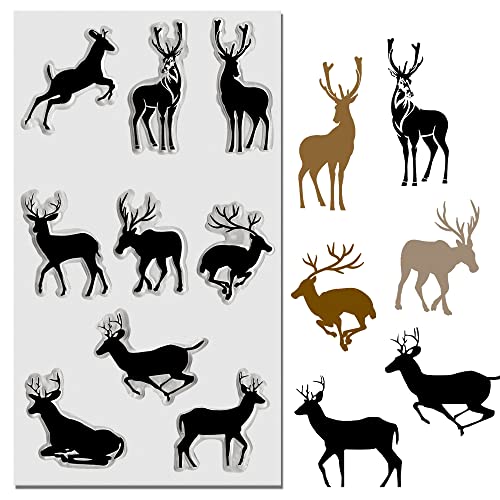 Threetols 9Pcs Christmas Deer Clear Stamps For Card Making, Elk Clear Rubber Stamps Jumping Deer Stamps For Holiday Card Making Decor Diy Scrapbooking Transparent Album Decor Paper Craft #TOP6