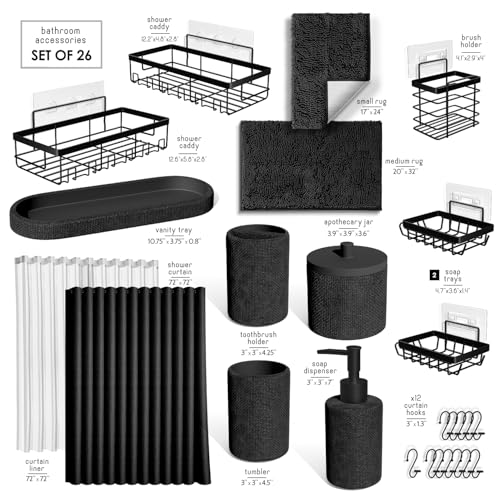 Clara Clark Black Bathroom Set - Bathroom Sets with Shower Curtain and Rugs, 26PC Bathroom Accessory Set, Shower Curtain Set with Adhesive Corner Shower Caddy Hanging & Soap Dispenser by Clara Clark - Image 2
