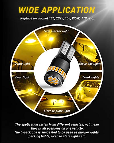 Image of AUXITO 194 LED Light, Amber Yellow 168 2825 W5W T10 Wedge LED Replacement Light Kit Error Free for Car Dome Map Door Parking License Plate Marker Lights, Pack of 10