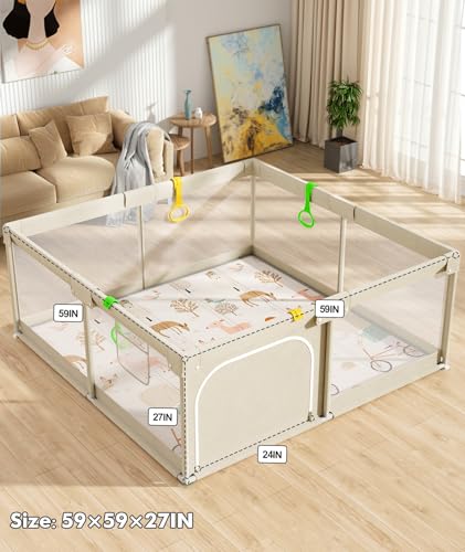 Image of Mloong Baby Playpen with Mat - 59x59 Inches Extra Large Playpen for Babies and Toddlers, Indoor & Outdoor Activity Center, Safety Baby Fence