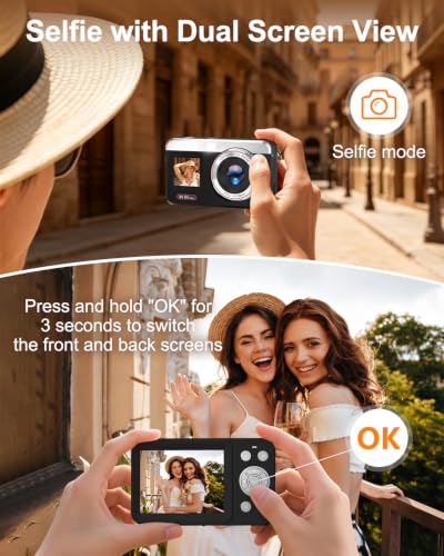 Image of Digital Camera, 5K 80MP Dual Screen, Auto Focus for Beginners Teens | Point and Shoot Camera with 18X Zoom, 32GB Card & 2 Batteries, Great Travel Vlogging Camera for YouTube, Black