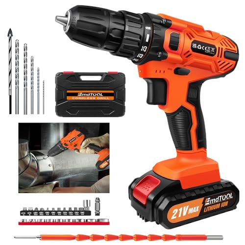21V Akku Bohrschrauber Set mit 1 Akkus 1,5Ah, Orange Akku Bohrmaschine Set für Bohrwände, Holz, Metall, Akkubohrer 45Nm 25+1 Drehmomentstufen, LED und Koffer, 2-Gang, 29 Stück Zubehör