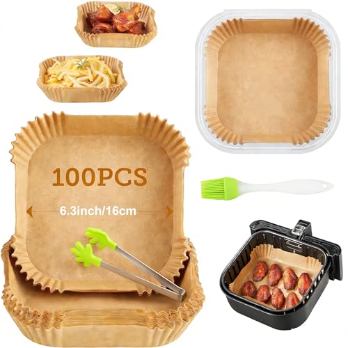 100 Pcs Air Fryer Papers Disposable Unbleached Parchment Paper for Air Fryer Non-Stick and Oil Proof for Easy Cleanup 6.3inch/16cm Square