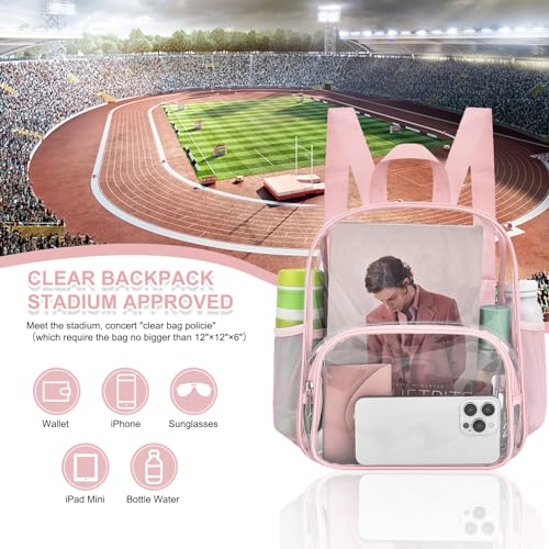 Image of Busiuw Clear Backpack for Stadium Events Clear Backpack 12x12x6 with Front Pocket for Concert Sport Events Work Travel (Pink)